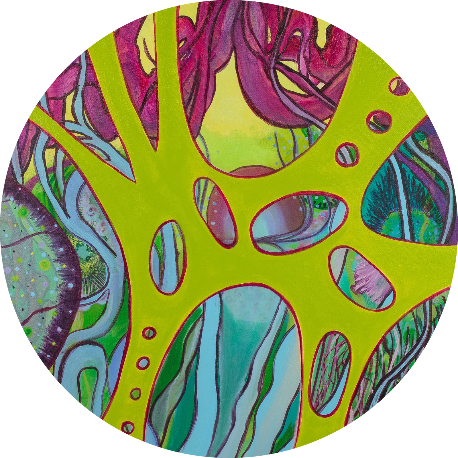 Hidden Ecosystem (2026), abstract painting by Karina Lumière in green, magenta and blue; round canvas