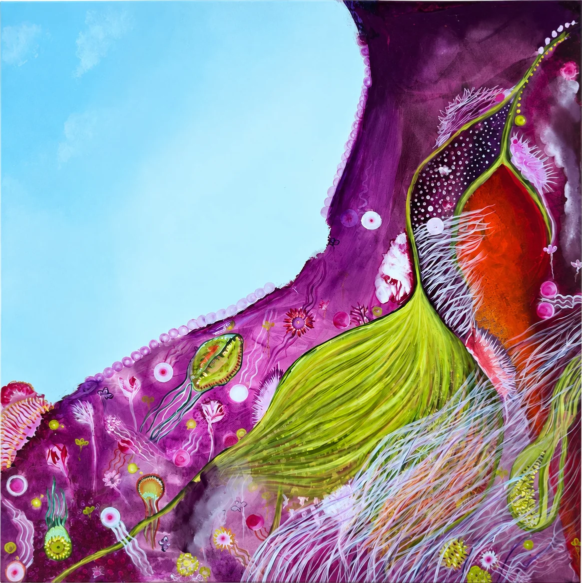 Blooming Silence (2026), abstract painting by Karina Lumière in sky blue and magenta