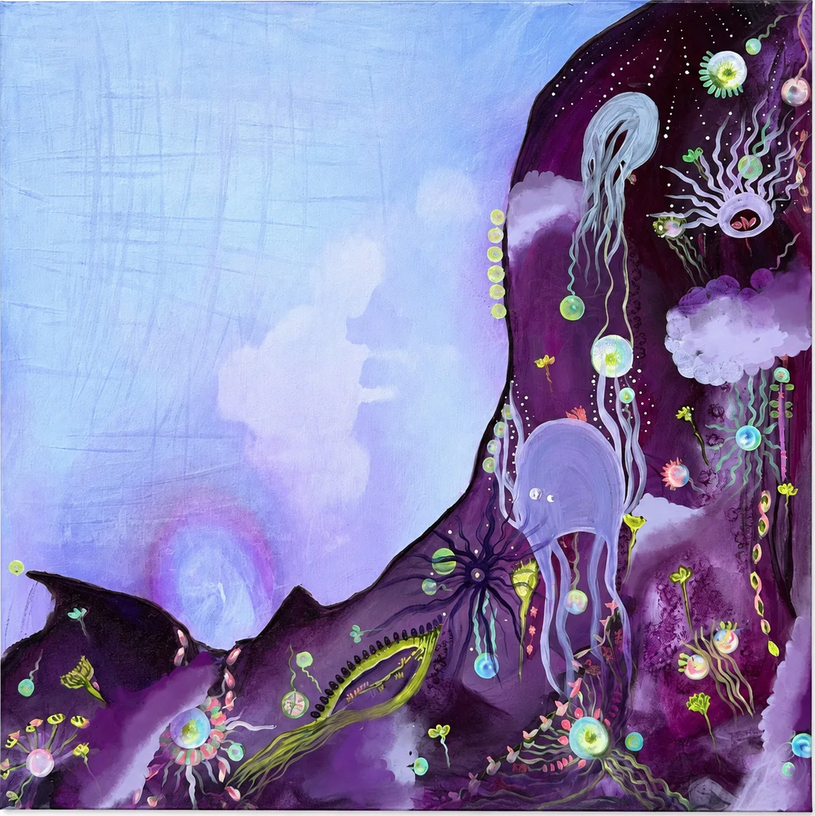 Where Dreams Are Born (2026), abstract painting by Karina Lumière in sky blue and violet