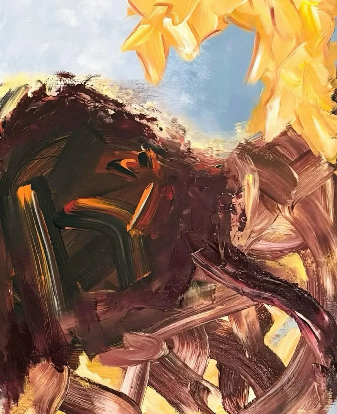 Untitled II (2024), abstract painting by Karina Lumière in brown, pale blue and pink