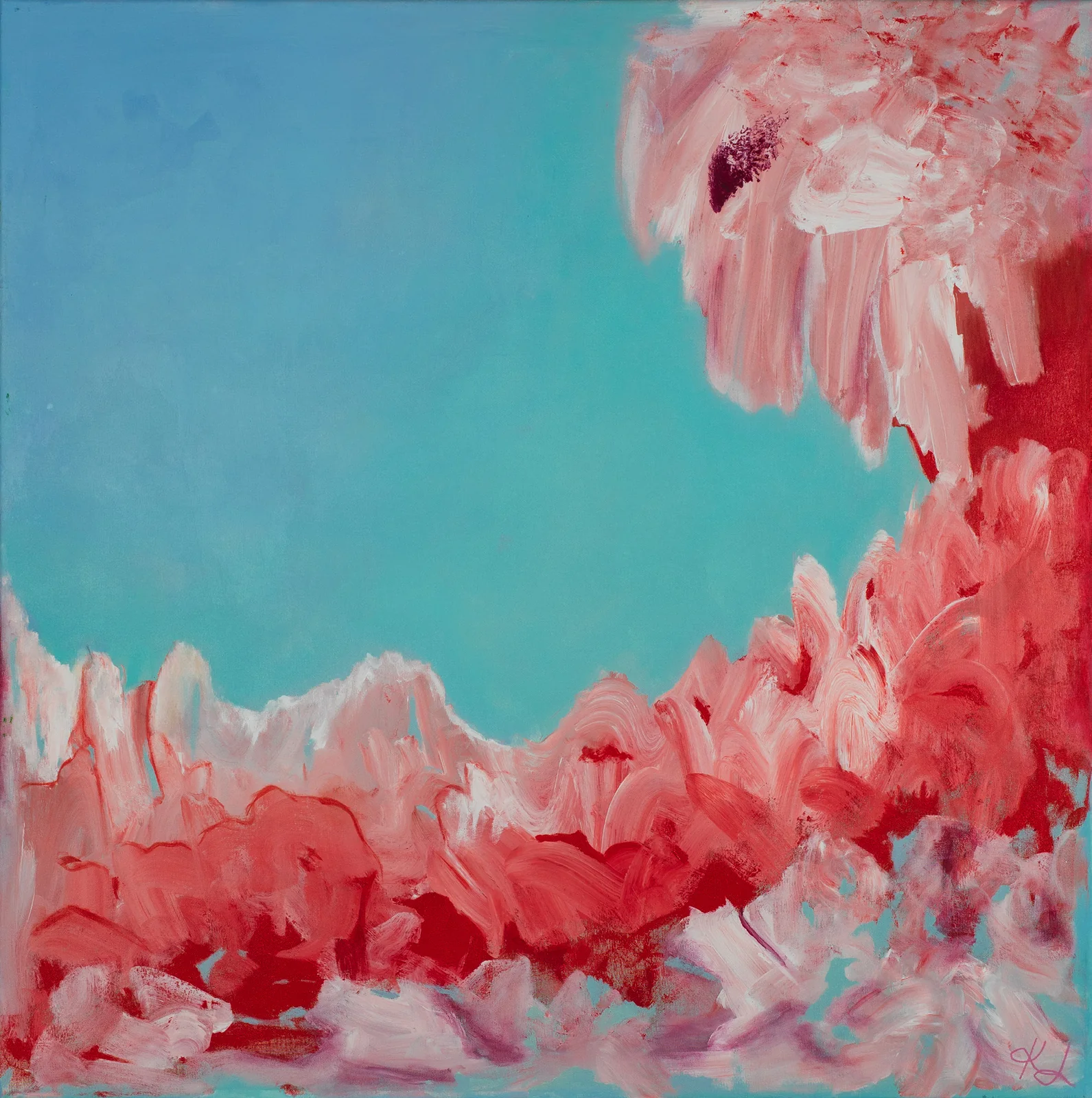 Pink Harmony (2023), abstract painting by Karina Lumière in turquoise and pink