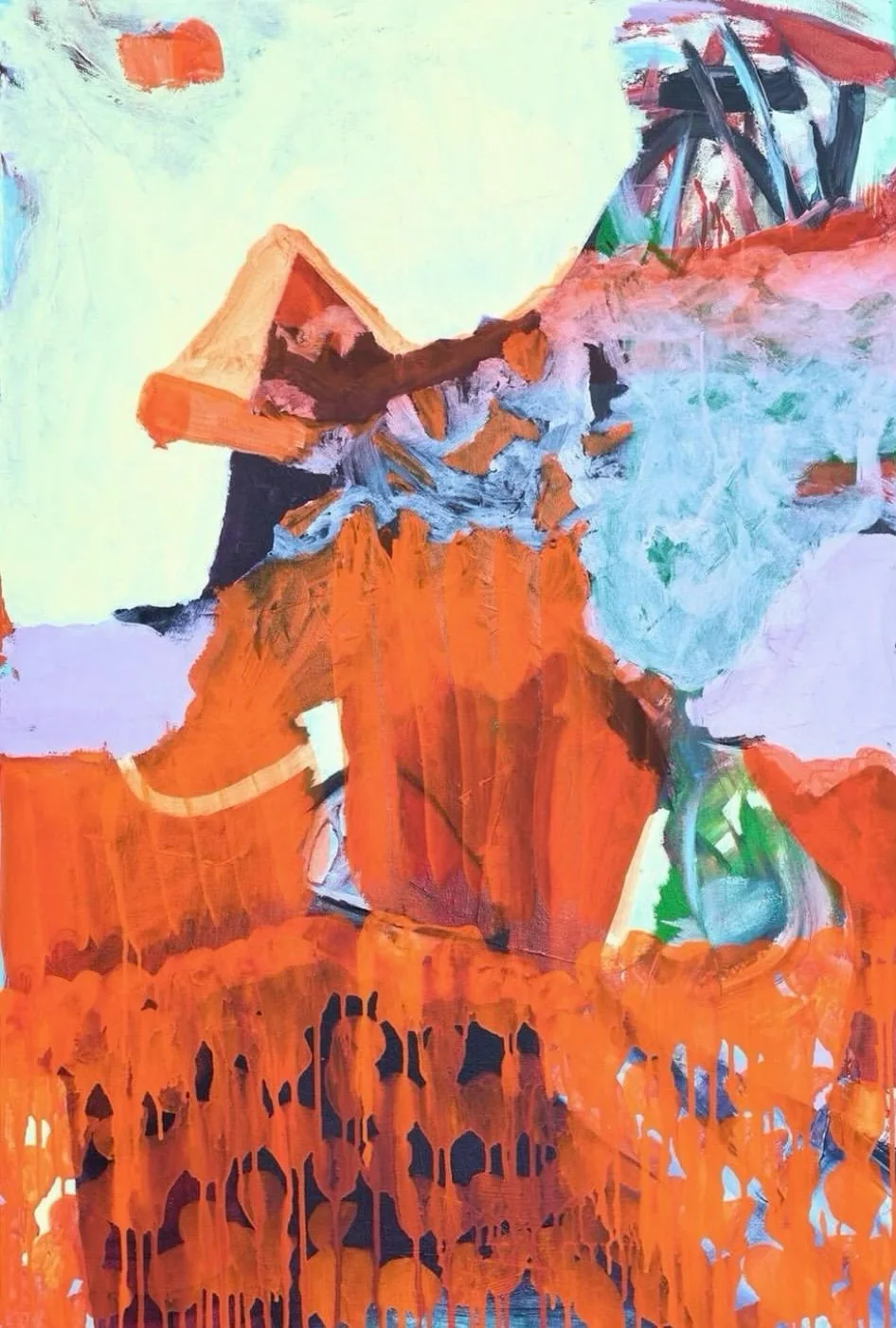 Untitled (2023), abstract painting by Karina Lumière in orange, red and sky blue